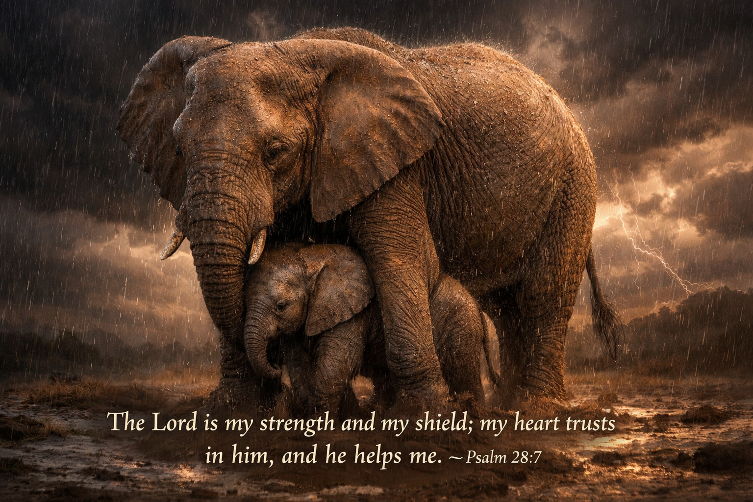 Bible verse wallpaper Psalm 28:7 with mother elephant protecting calf during storm with dark dramatic sky